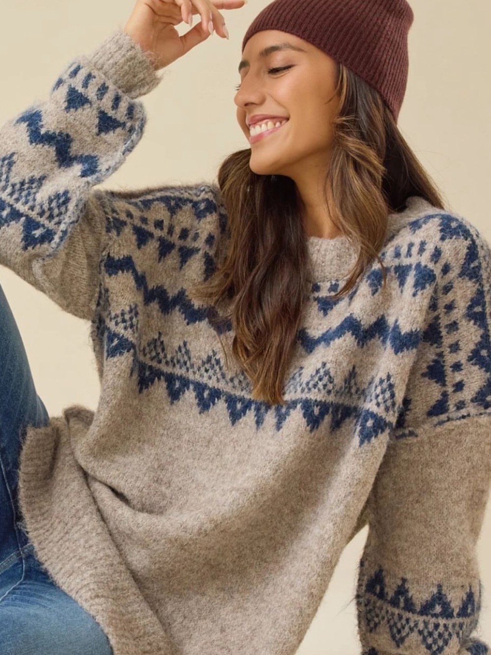 A'ltard State Fair Isle Crew Neck Chunky Knit Pullover Sweater - Taupe and Navy